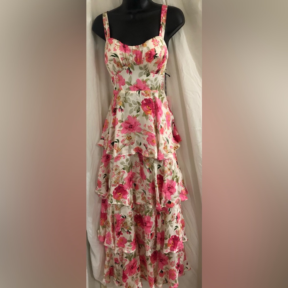 White Pink multi floral satin effect‎ layered open back maxi dress size Medium